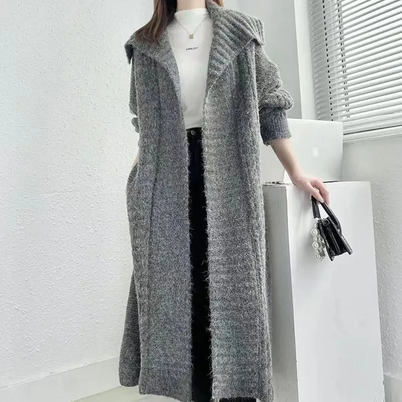

French Vintage Polo Collar Long Sweater Women's Cardigan Loose Knitted Coat Top for Autumn Winter Seasons