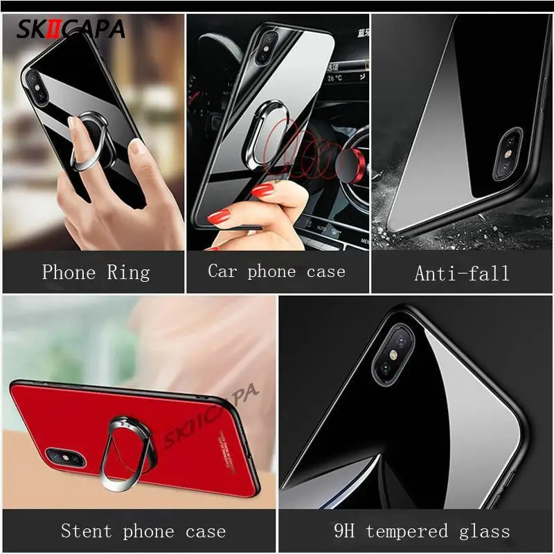 Enhanced Glossy Glass Shockproof Case with Magnetic Ring Holder and Soft Edges