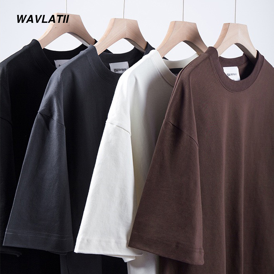 WAVLATII New Men Oversized T shirts Female 260 GSM Casual White Streetwear Tees Black Solid Basic Summer Tops for Young WMT2401 