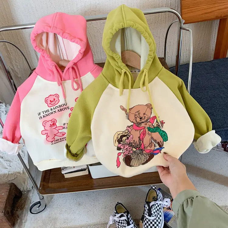 

Children's Spring and Autumn Hooded Sweater 2022 Autumn and Winter Boys and Girls Cartoon Bear Loose Baby Clothing Velvet Hoodie
