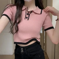 T-shirt manches courtes col Polo pour femme, couleur contrastée, tricoté sur les épaules, Slim, Design Sense, Niche, hauts courts, été 4