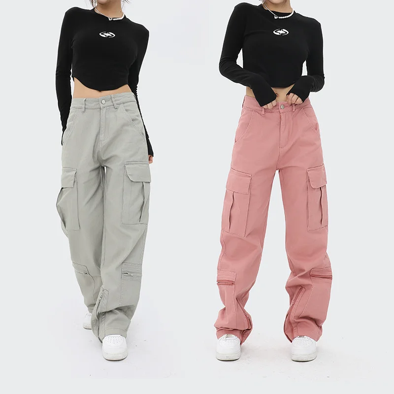 

Y2k Jeans Women's New Japanese Zipper Multi Pocket Neutral Wide Leg Pants Pink Cargo Pants Джинсы Женский