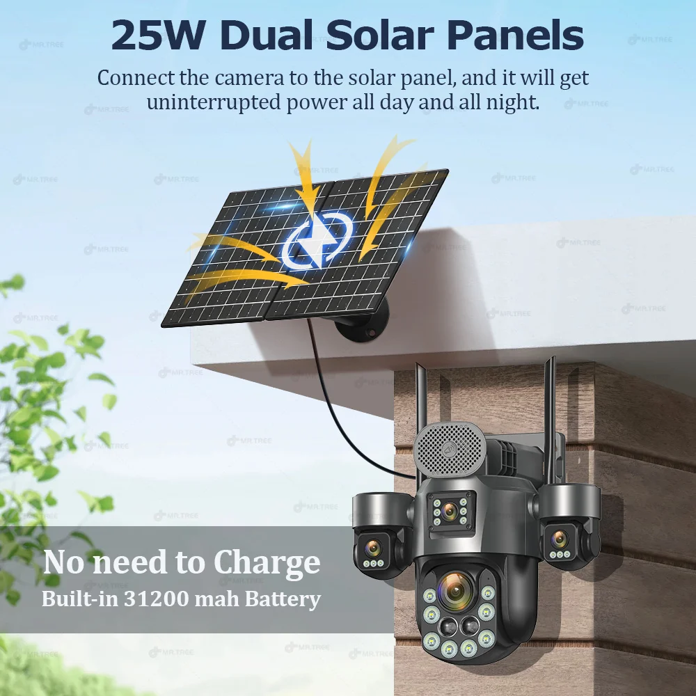 4G SIM/eSIM Solar PTZ Security Camera 4 Screen AOV 24 Hour Record 31200mah Outdoor 60X Optical Zoom Auto Track Surveillance Cam 5
