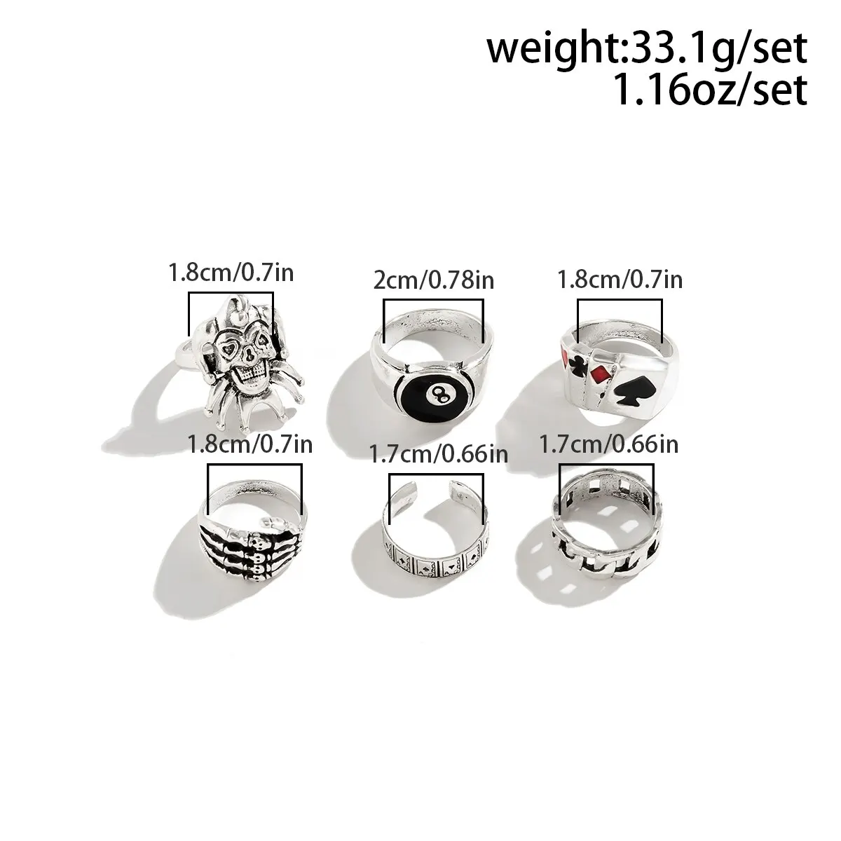 Punk Rings Hip Hop Vintage Skull Ghost Claw Poker Clown Ring Set for Women Hollow Geometric Size 8 Jewelry Steampunk Men