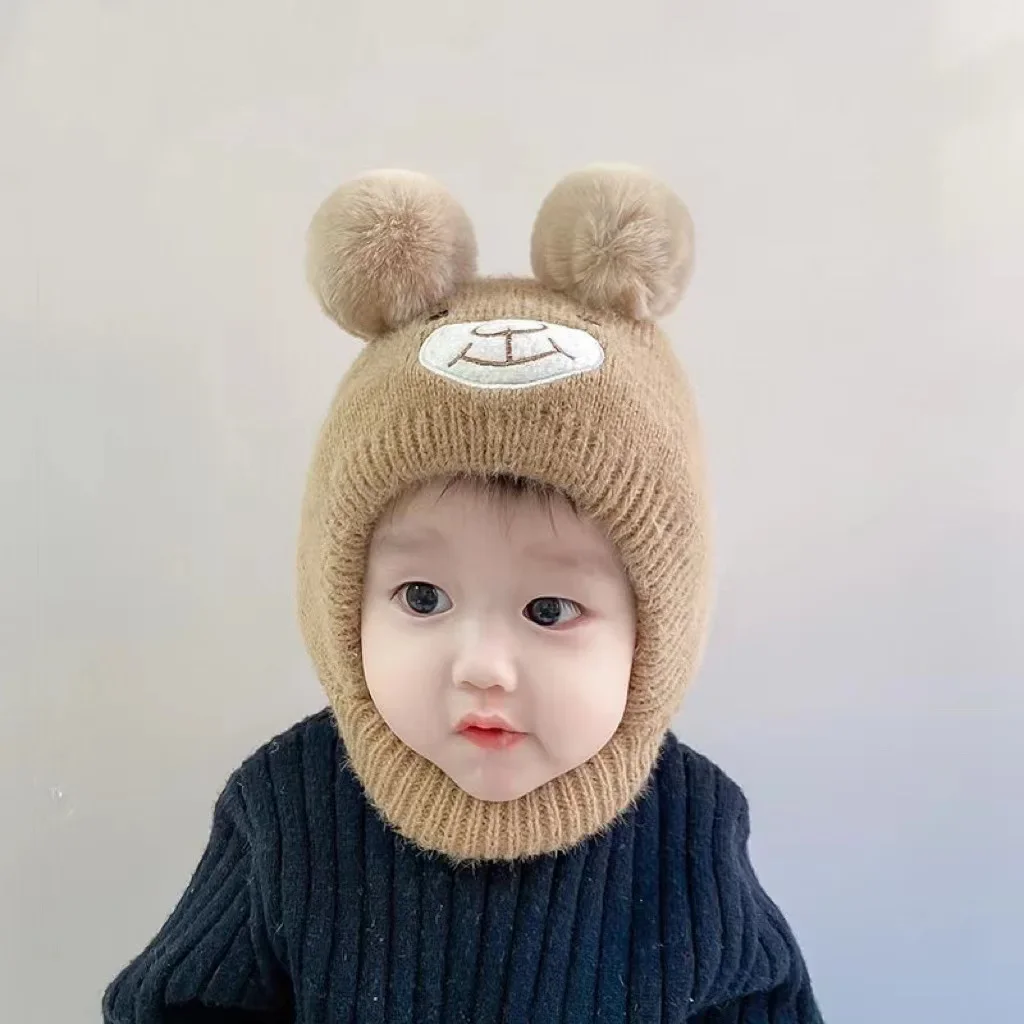 Pompoms Cartoon Outdoor Knit Wool Bomber Hats Baby Autumn Winter Thick Warm Hats Caps for Newborn Infant Toddler