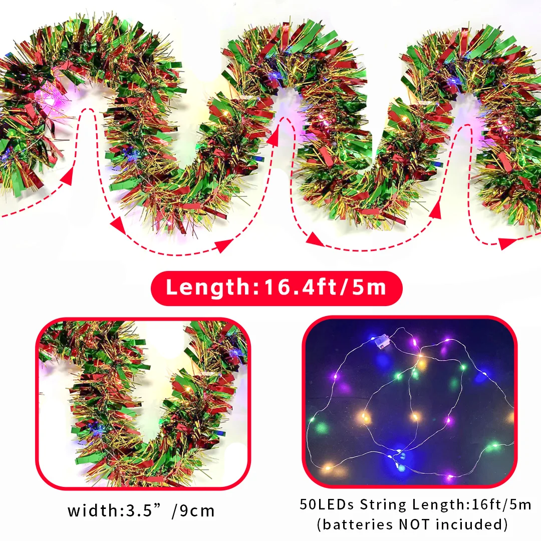 Christmas Tree Decoration 1pc 16 Ft Tinsel Garland Metallic Shinny with LED Lights Thick Hanging for Xmas Party Indoor