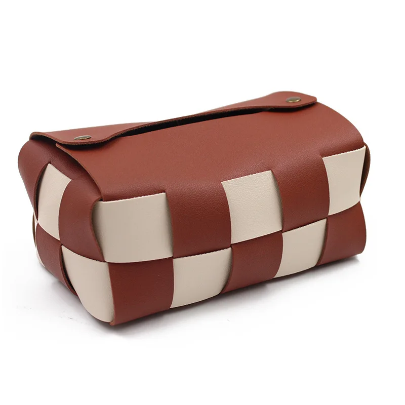 Checkerboard Woven Tissue Box Waterproof PU Leather Tissue Storage Box Square Car Tissue Organizer Desktop Home Decoration 4