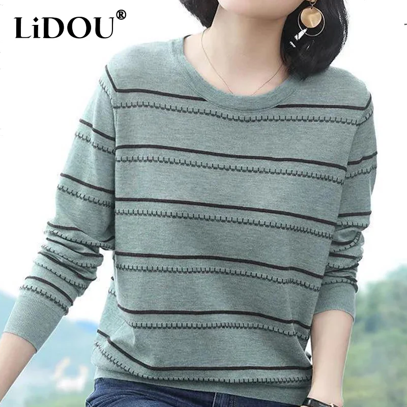 

Spring Autumn Striped Print Loose Casual Jumpers Long Sleeve All-match Bottomed Sweater Top Women Elegant Fashion Pullover Femme