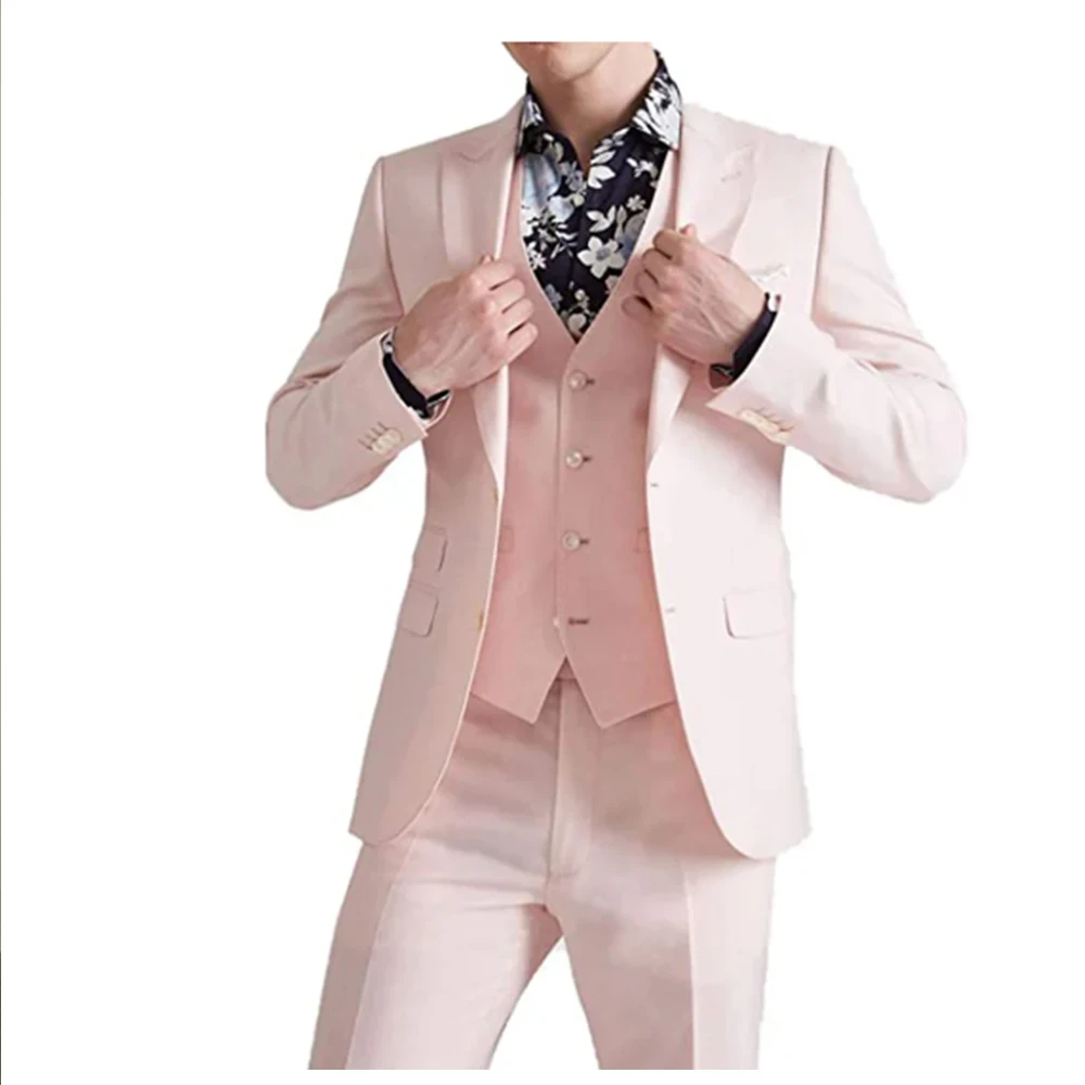 Pink Suits For Men Wedding Elegant Blazer Single Breasted Peaked Lapel Ropa Hombre 3 Pcs Jacket Pants Vest Slim Fit Tailor Made
