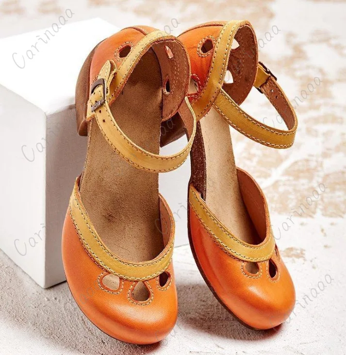 Women Summer Mid Heel Hollow Out Casual Sandals Elegant Retro Ladies Pumps Ankle Color Block Buckle Straps for women sandals