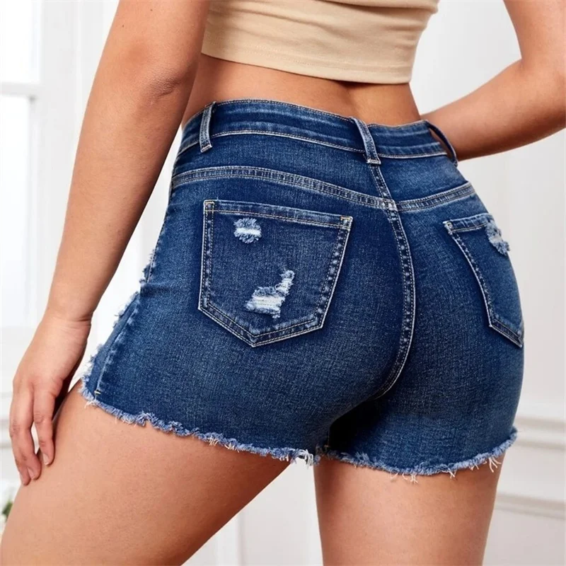 High Waist Slim Fit Button Splicing Denim Shorts Summer Fashion Daily Casual Hollow Out Three Quarter Pants Trend Women's Jeans