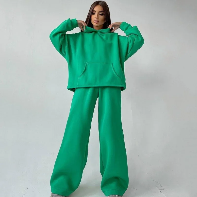 2021 Autumn and Winter New Women's Fashion Long-sleeved Solid Color Casual Suit Hooded Pocket Sweater Two-piece Female Trend