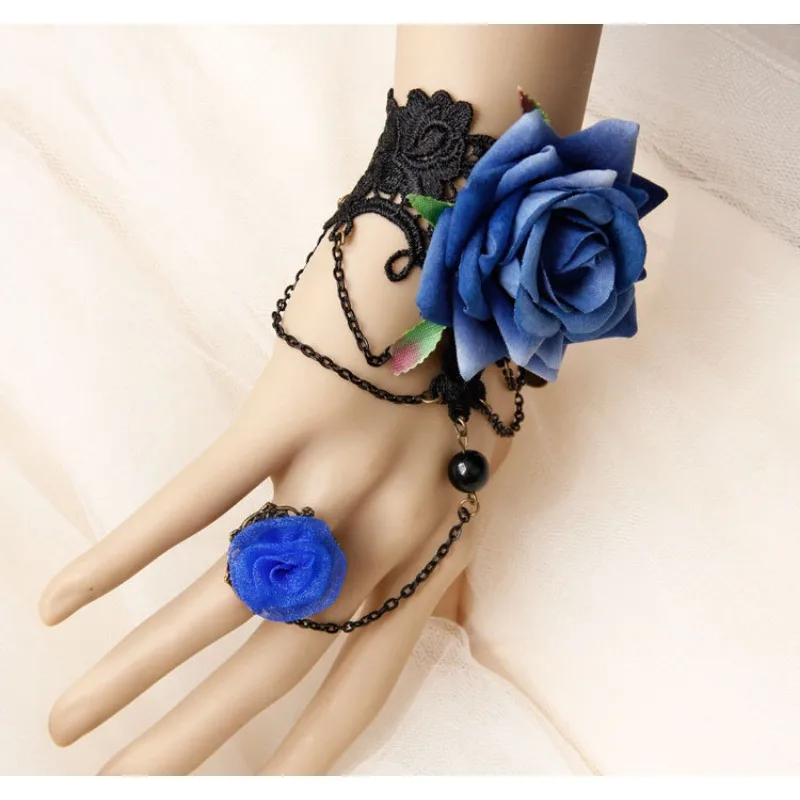 Blue Fairy Rose Hollow Lace New Bracelet with Ring Halloween Ball Accessories Punk Jewelry Chain Tassel Cosplay Props