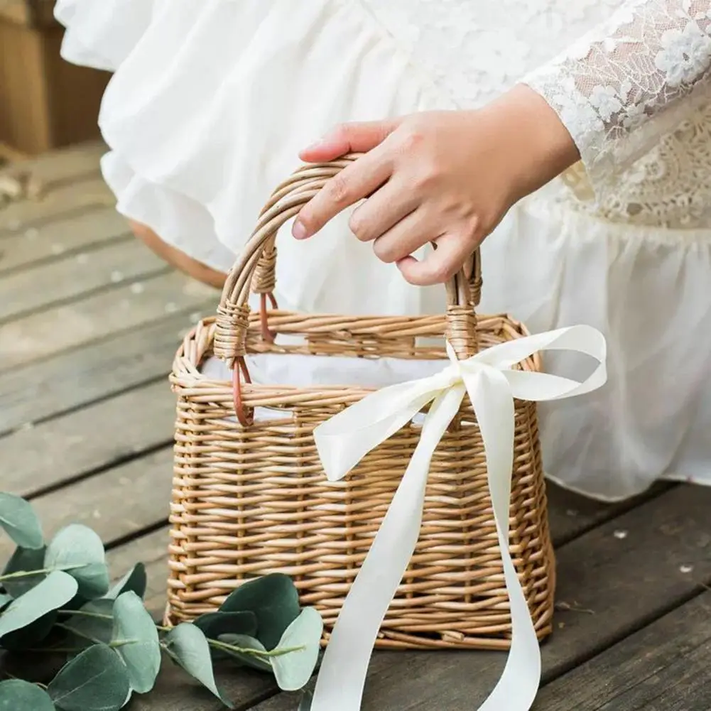 Wicker Flower Basket Rustic Style Woven Handbag Handmade Rattan Woven Trendy Concise Women Handbag Picnic Fabric Rattan Basket 3