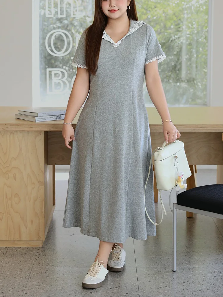 Women's Plus Size Lace Hooded A-Line Dress With Slim Waist Premium Casual & Comfortable Cotton Fabric, Long/Short Style Options