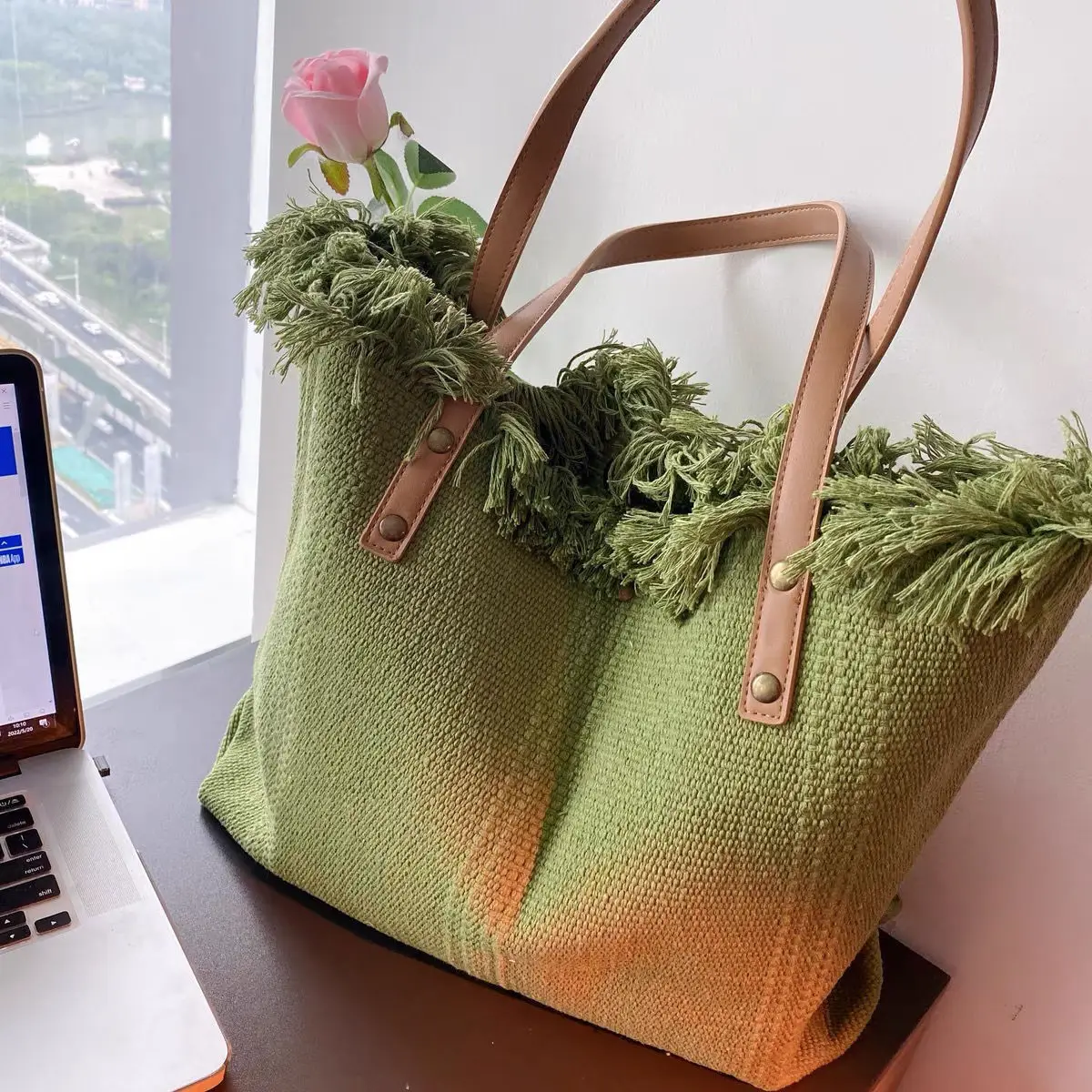 New Beach Canvas Tassels Bags Travel Tote Large Capacity Handbags Women's Fashion Simple Shoulder Bags Shopping