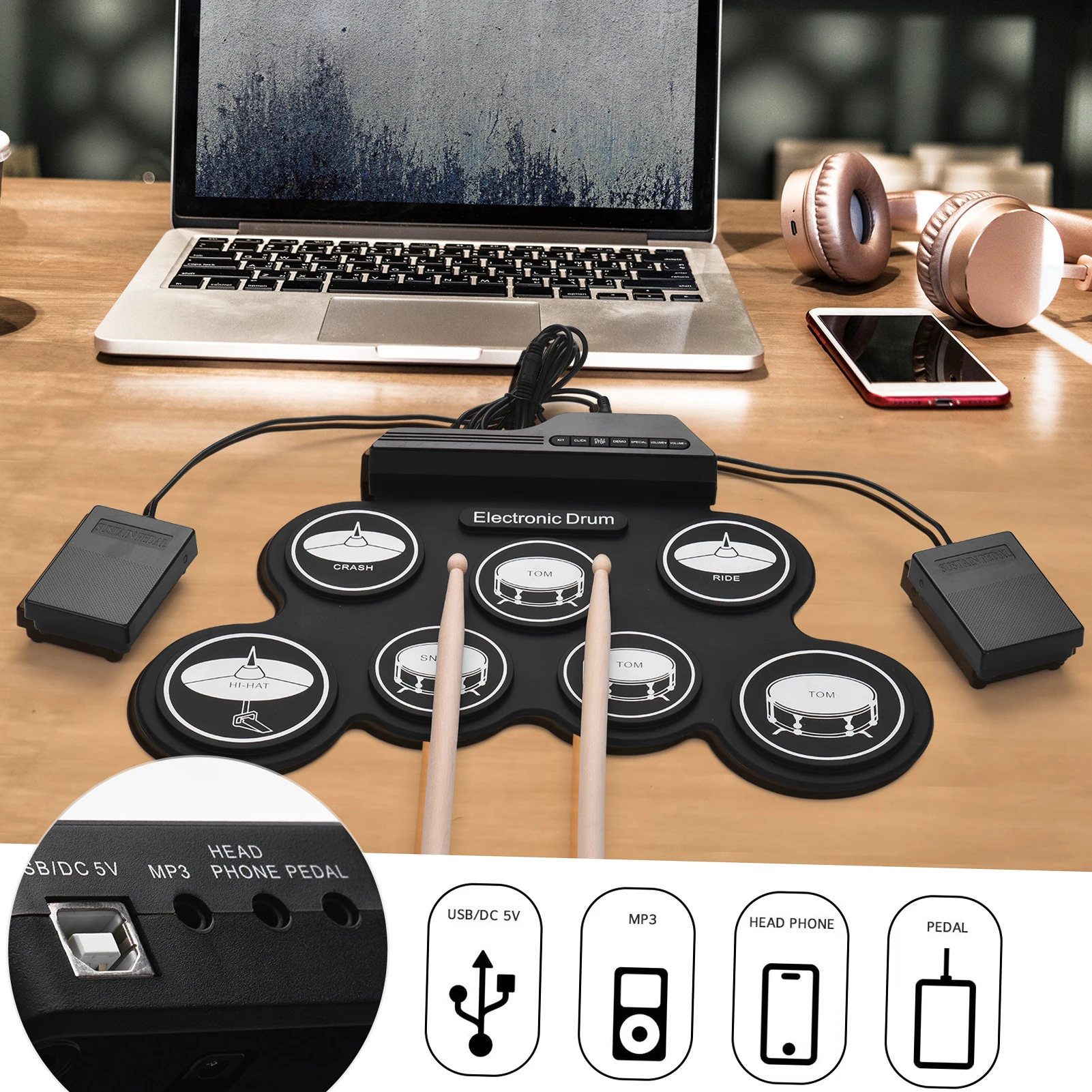 Electronic Drum Set USB Roll-Up Silicon Drums Pad Digital Foldable Electric Portable Compact Size Kit Hand Practice With Pedal