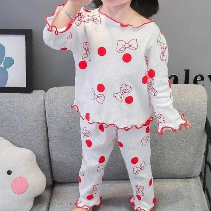 Spring Autumn Children's Bow Print Long Set Girls Comfortable Cute Home Wear Two-Piece Pajamas Sleepwear