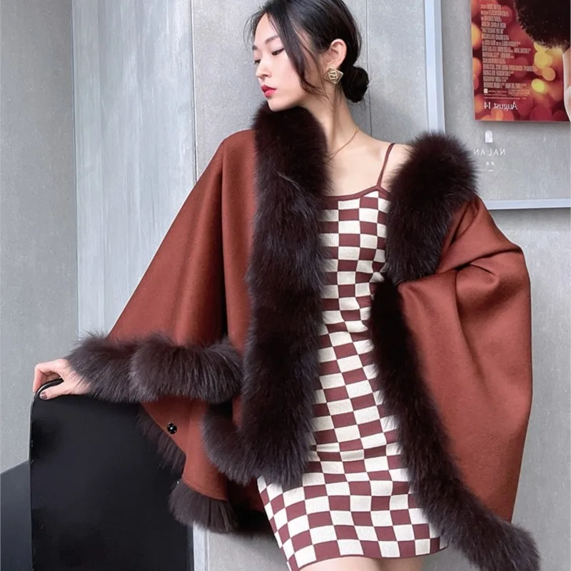 

2023 Autumn Winter New cashmere cape Women's Double-Faced Woolen Fox Fur Collar Fur Cape and Shawl Coat 72CM long