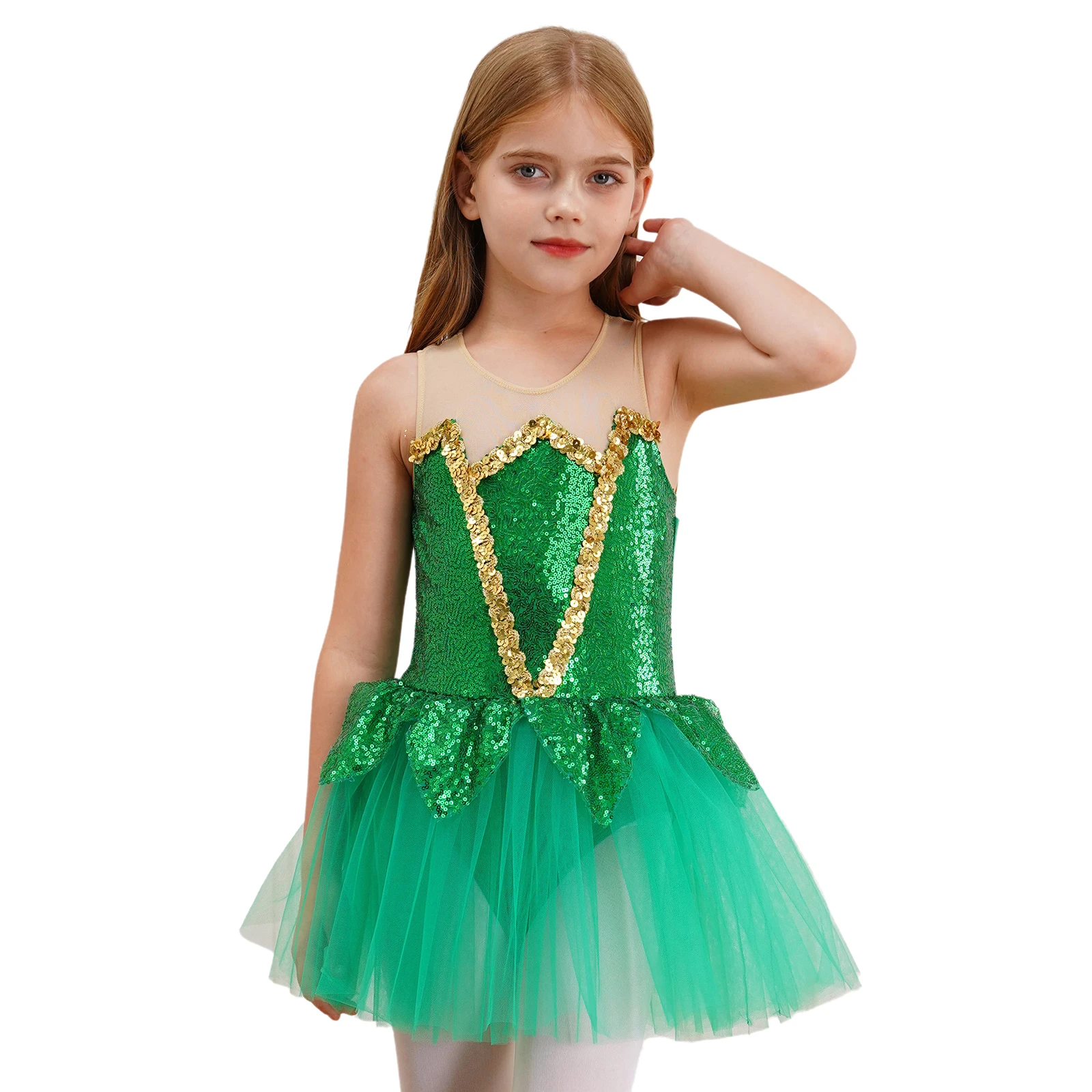 Kid Girls Sequins Christmas Costume Elf Mrs Santa Claus Ice Skating Dance Leotard Tutu Dress Ballet Dancewear Halloween Cosplay