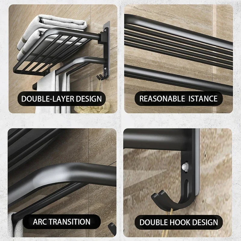 Towel rack towel holder bathroom hardware set towel hanging clips towel hooks 40/50/60CM bathroom towel holder folding holder with hook bathroom accessories wall mount rail shower hanger aluminum bar shelf