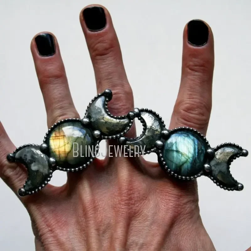 10pcs Labradorite Pyrite Crescent Moon Statement Ring Halloween Goth Gothic Retro Stainless Steel Boho Women Jewelry Cool Stuff