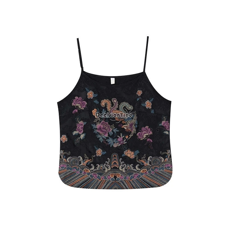 chinese ethnic style women loose style new retro suspenders embroidery flower sleeveless base daily short vest top t001