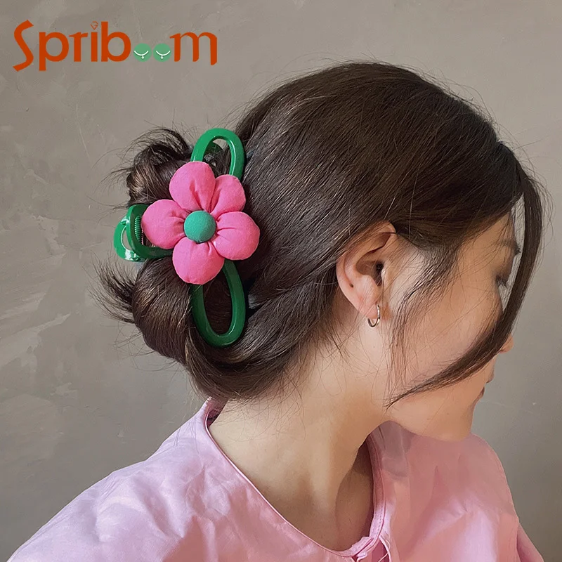 Pink Flower Hair Clips for Women Summer Elegant Large Shark Clip Temperament Girl Hair Accessories Korean Headwear 2024 New