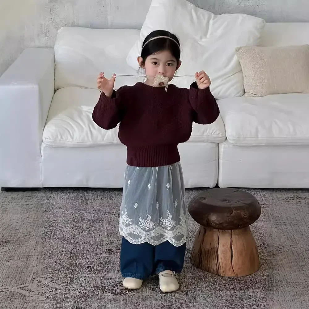 아동복 소매 스웨터, 한국 소녀 스웨터, 짧은 2024, 라운드 칼라, 루즈한 심플, 가을, 겨울, 신상