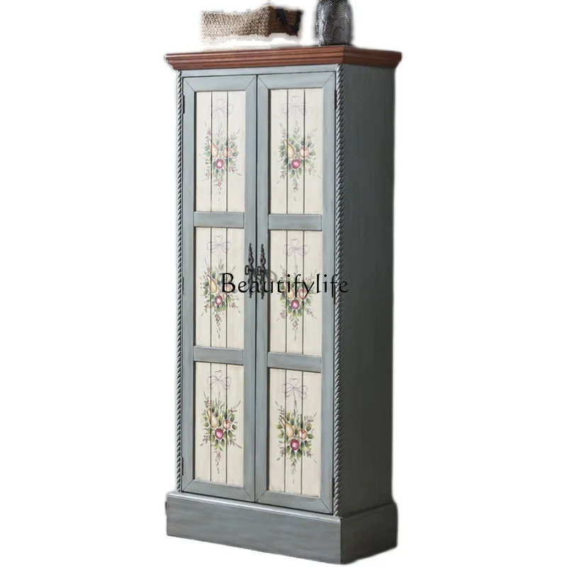 

European and American Style Painted Furniture Double Door Shoe Cabinet Foyer Doorway Vintage Locker with Mirror