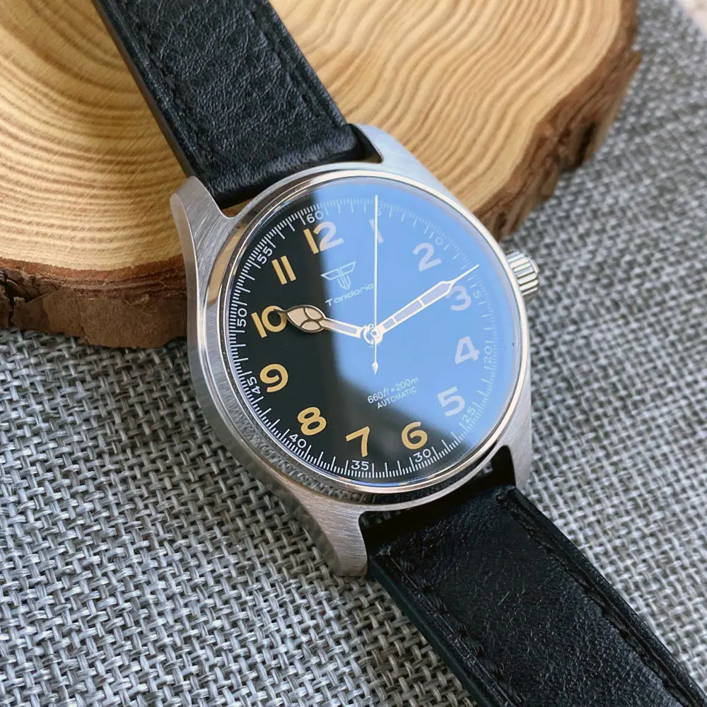 Tandorio 39mm Black Dial Sapphire Glass 20ATM Diving Japan NH35A PT5000 Automatic Pilot Brushed Men Watch Leather Strap