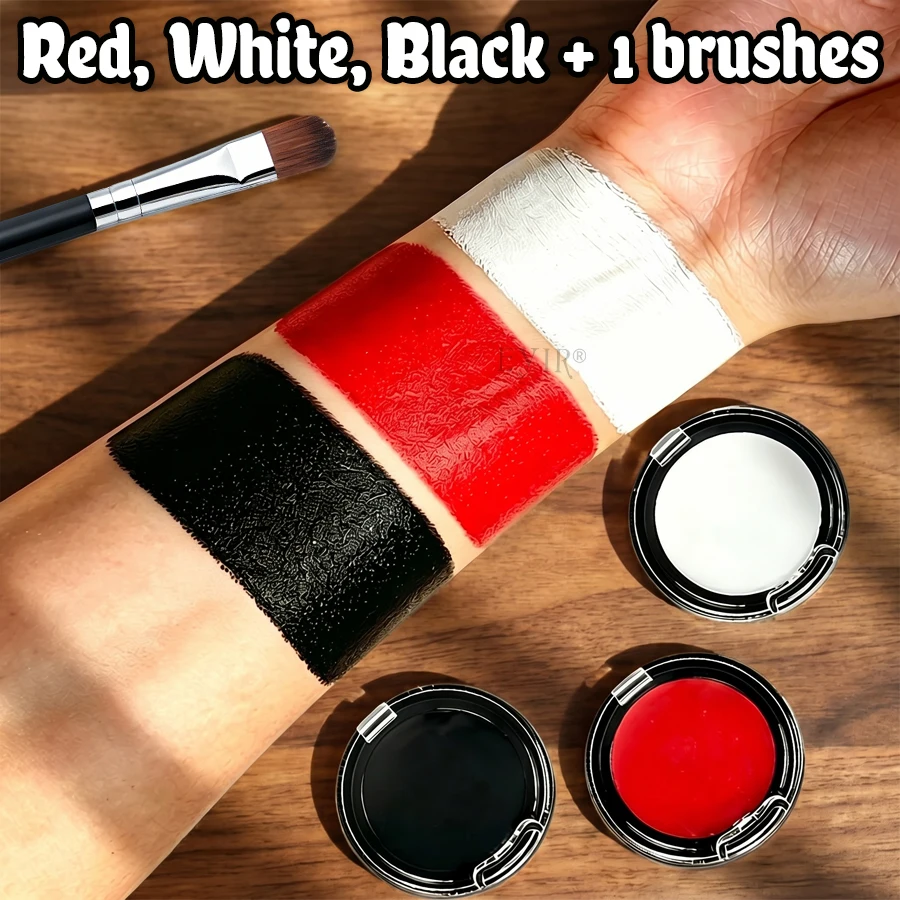 Set di Trucco per Viso e Corpo, Colori Nero Bianco Rosso, Crema per Trucco con Pennello, Pigmenti Lavabili per Halloween, Cosplay, Carnevale - immagine 6