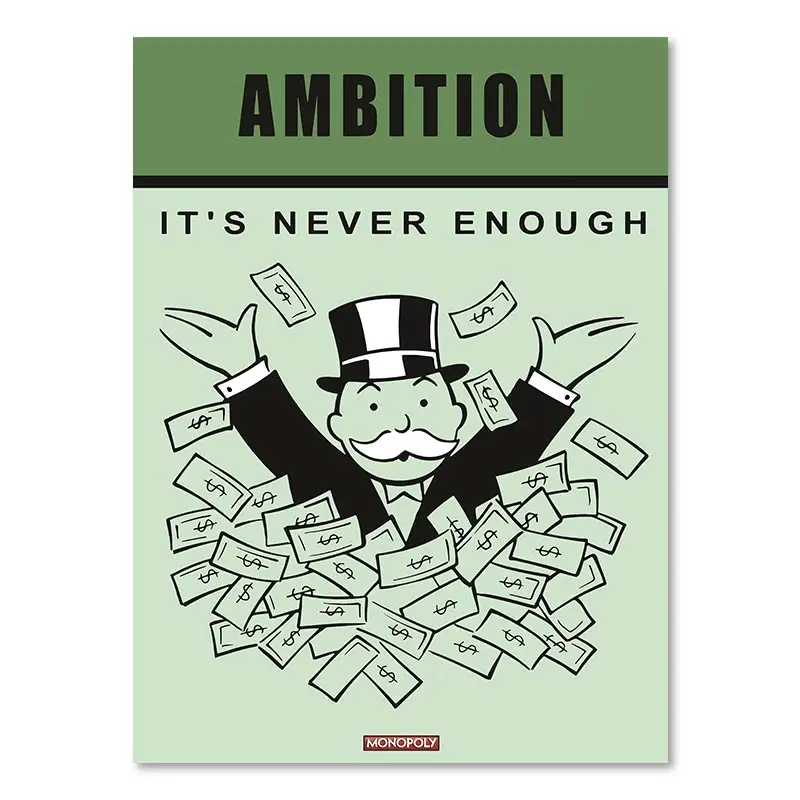 thumbnail image 1 of Póster de dibujos animados de Monopoly Millionaire Dollar Money, cita motivacional, pintura en lienzo, arte de pared para habitación, imagen para decoración del hogar, 1 of 5