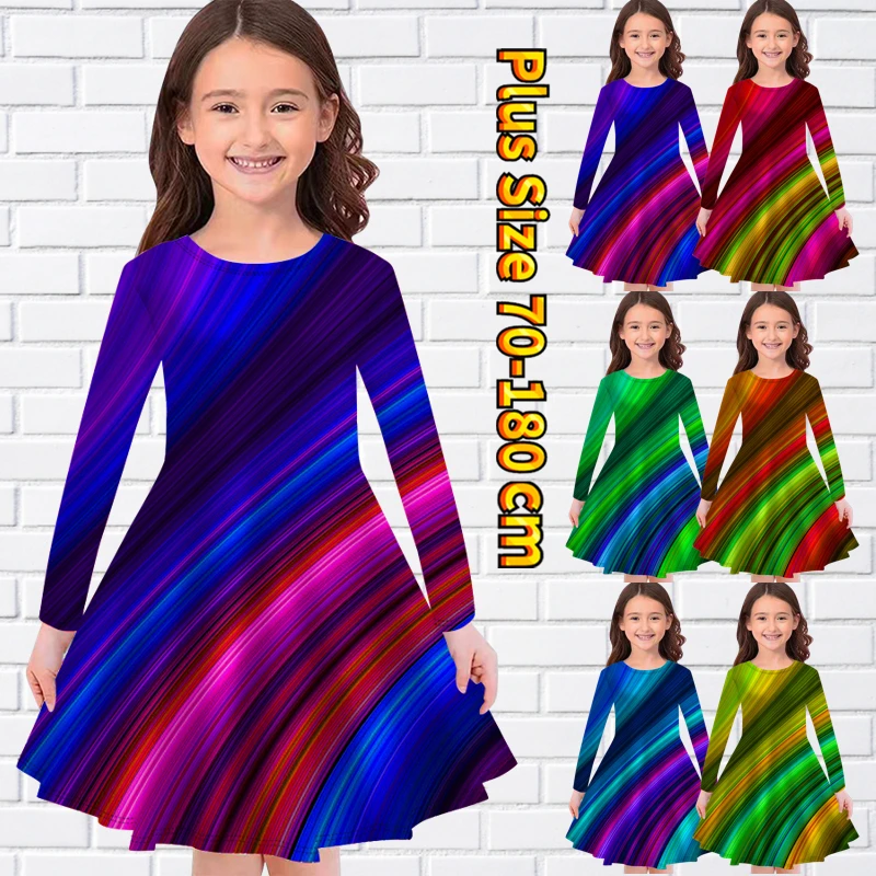 

Round Neck Dress Little Girl Everyday Long Sleeve Skirt Casual Abstract Printing Princess Skirt Autumn Fashion Knee-length Skirt