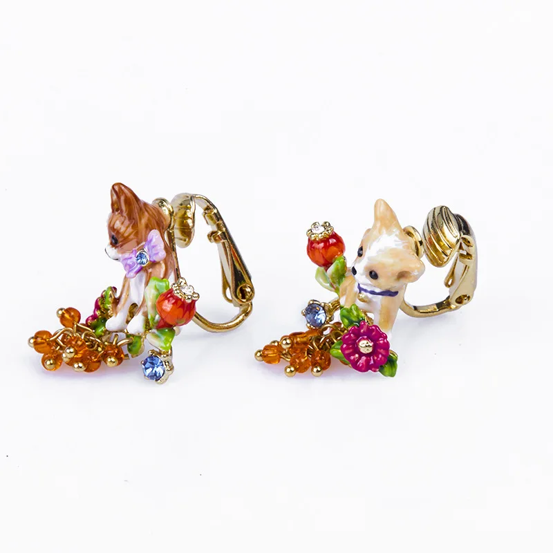 Cute Exquisite Fashion Enamel Glazed Chihuahua Puppy Dog Flower Wheat Glass Tassel Asymmetric Earrings Ear Studs Clip Japanese