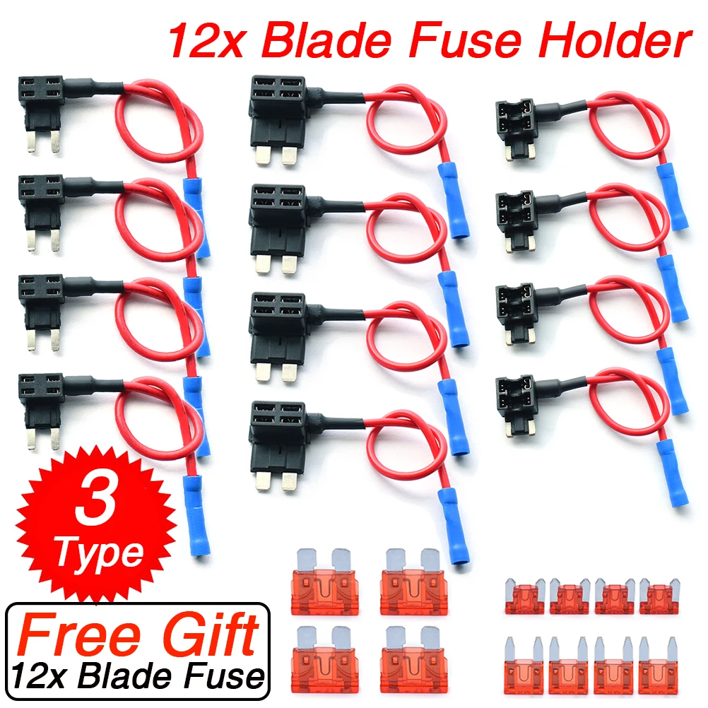 12pcs 12V Car Blade Fuse Holder Add A Circuit TAP Adapter Micro Mini