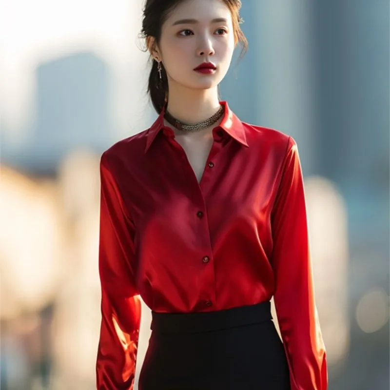 Red Silk Shirt Women's New Festive Fashionable Casual Acetate Satin