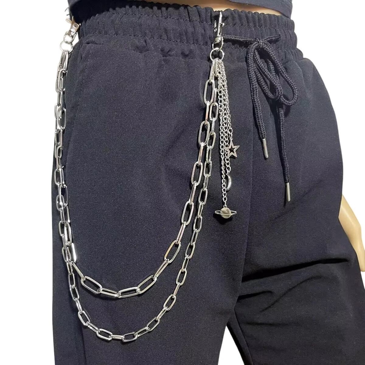 Punk Gothic Multi Layer Metal Waist Chain Belt with Moon Star Planet Pendants Hip Chain Rave Festival Party Accessory Decor