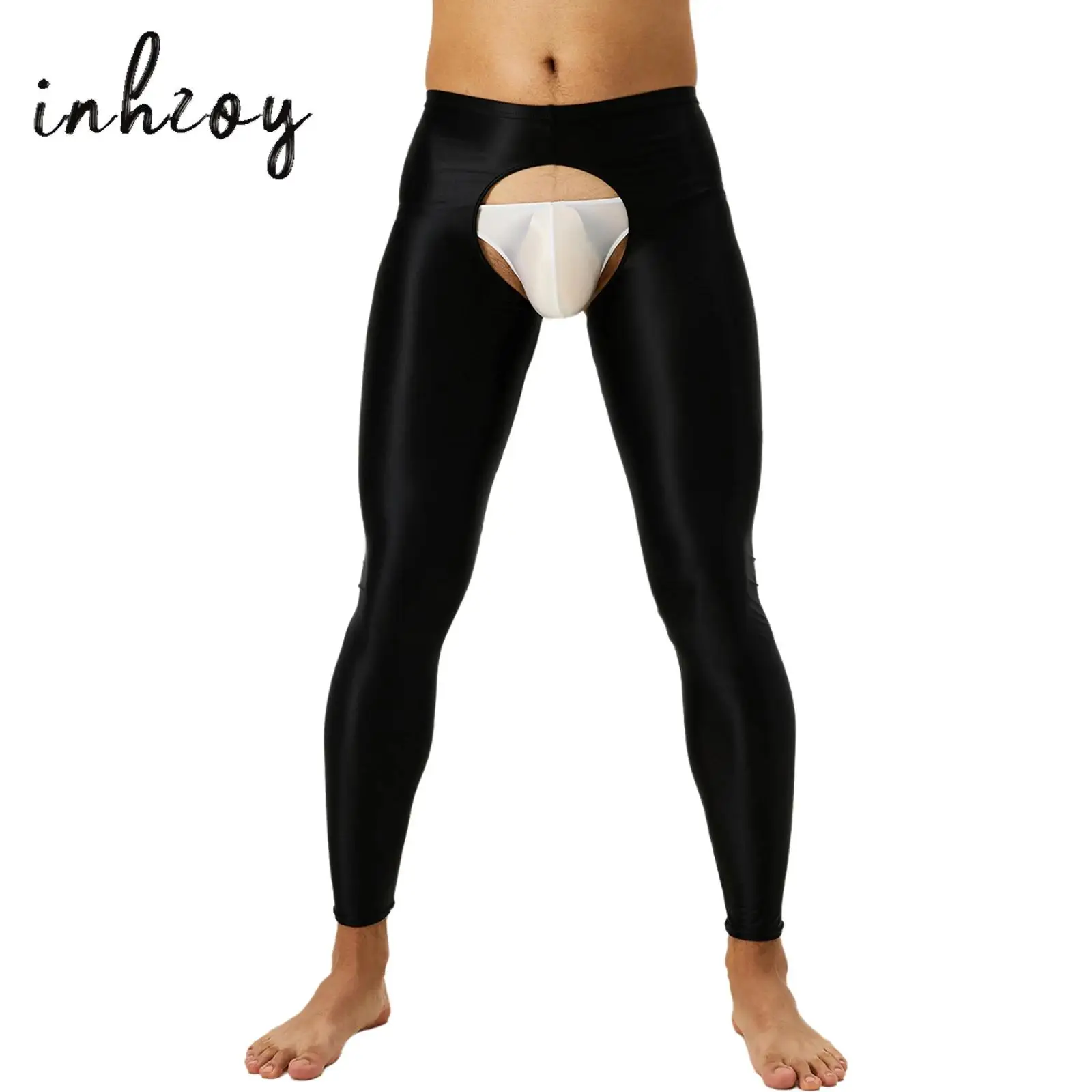 Mens Oil Glossy Open Crotch Leggings Pants High Waist Slim Fit Crotchless Tights Underwear Baselayer Pants for Nightclub Dance