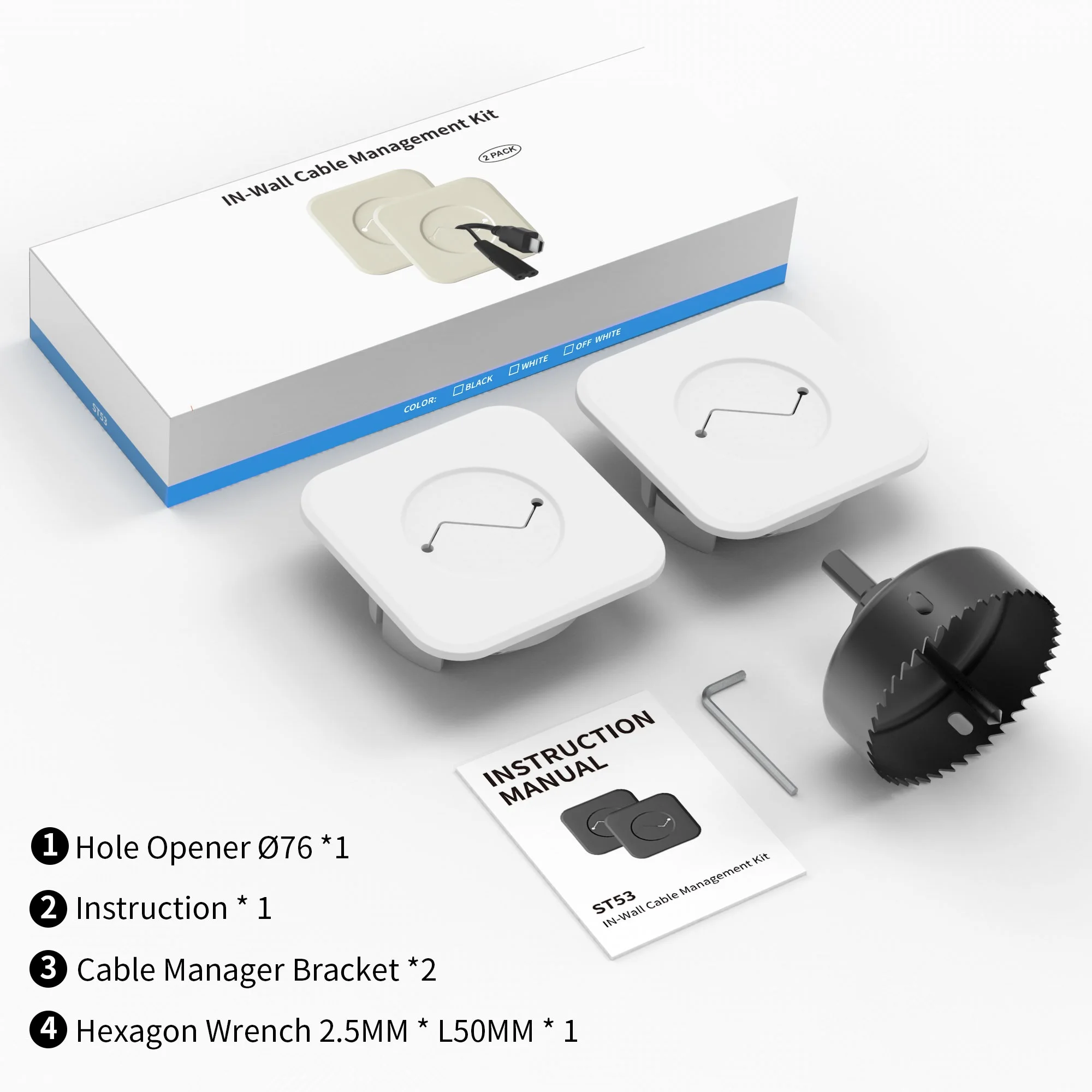 TV Wire Hider Kit for Wall Mount TV, White in Wall Cable Management Kit,  Includes 2 Pass Throughs and Hole Saw Drill Attachment for Easy Install