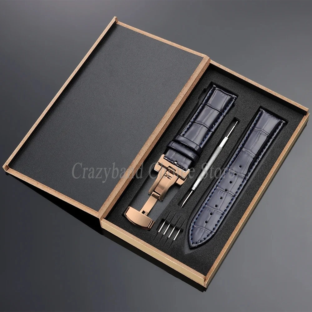 Elegant Leather Watch Strap with Metal Butterfly Clasp and Wooden Box (14mm-22mm)