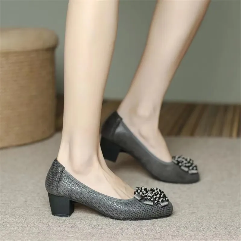 Classic Bow Flower Beaded Printed Genuine Leather Shoes Women High Heel Shoes Fashion All-match Soft Sole Plus Size 6