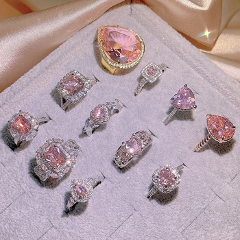 2024 NEW Classic 925 Silver Inlaid Zircon Engagement Ring Pink Crystal Women Shiny Zircon Jewelry Heart-shaped Pink Women's Ring 1