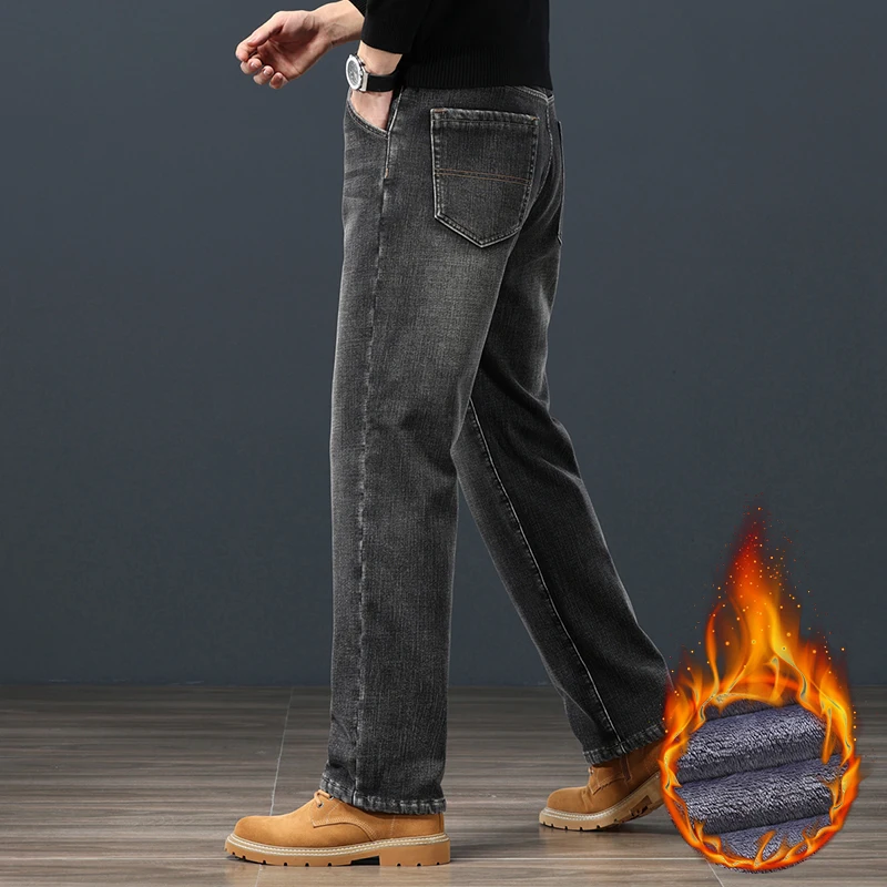 Winter Fleece Men Jeans Classic Loose Straight Warm Thicken Trousers Business Casual Velvet Elastic Denim Pants Plus Size 42 44 6