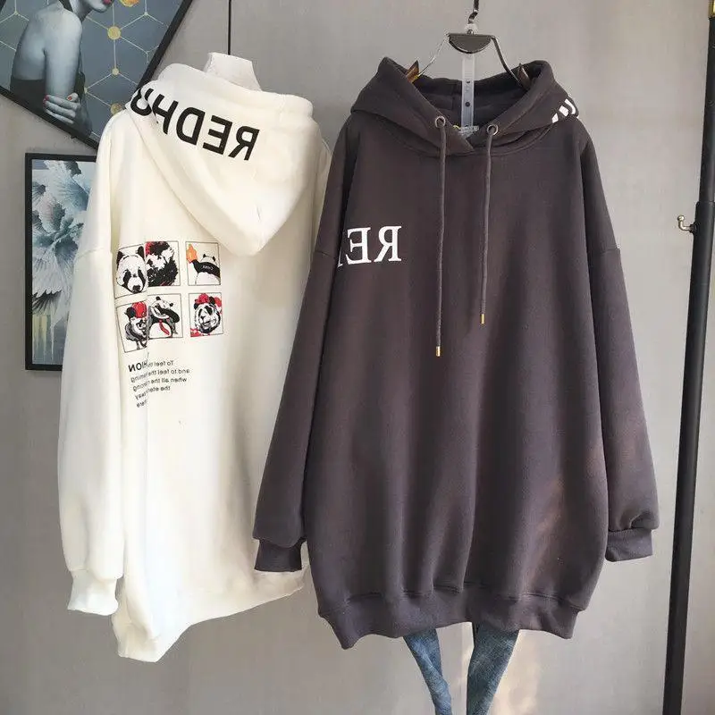Autumn Winter New Solid Color Long Sleeve Mid-length Sweatshirt Women High Street Casual Loose Hooded Thicken Warm Pullovers