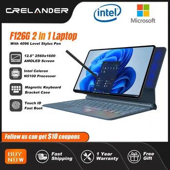 CRELANDER 2-in-1 노트북 12.6형 OLED 터치스크린 인텔 셀러론 N5100 DDR4 8GB RAM Windows 11 태블릿 노트북