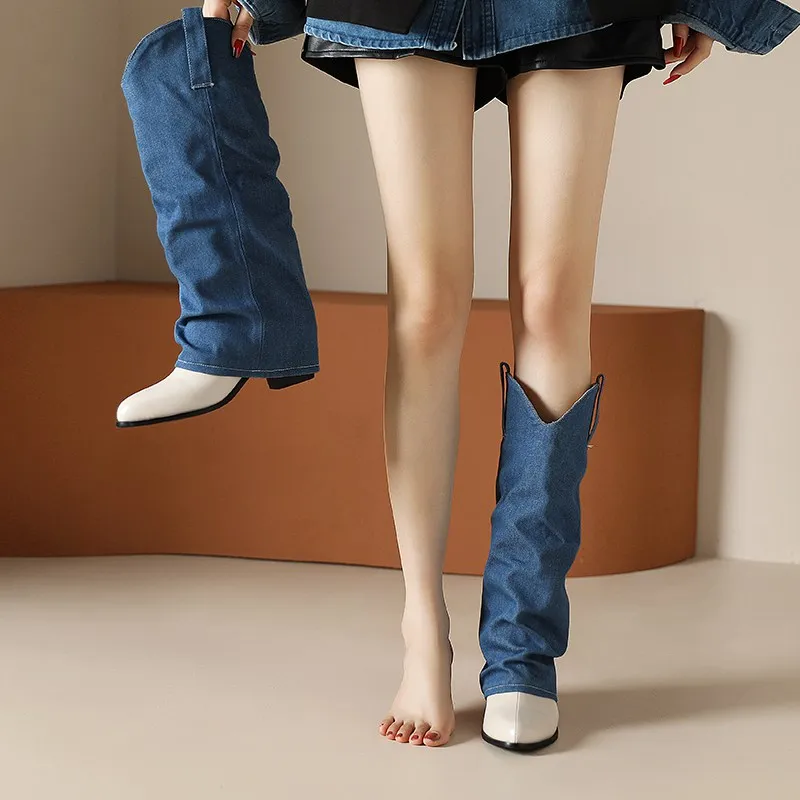 ORCHA LISA 여성용 루즈 데님, 무릎 높이 부츠, 뾰족한 토 블록 힐, 6.5cm 슬립온 빅 사이즈 46 47 48 캐주얼 여성 웨스턴 부티