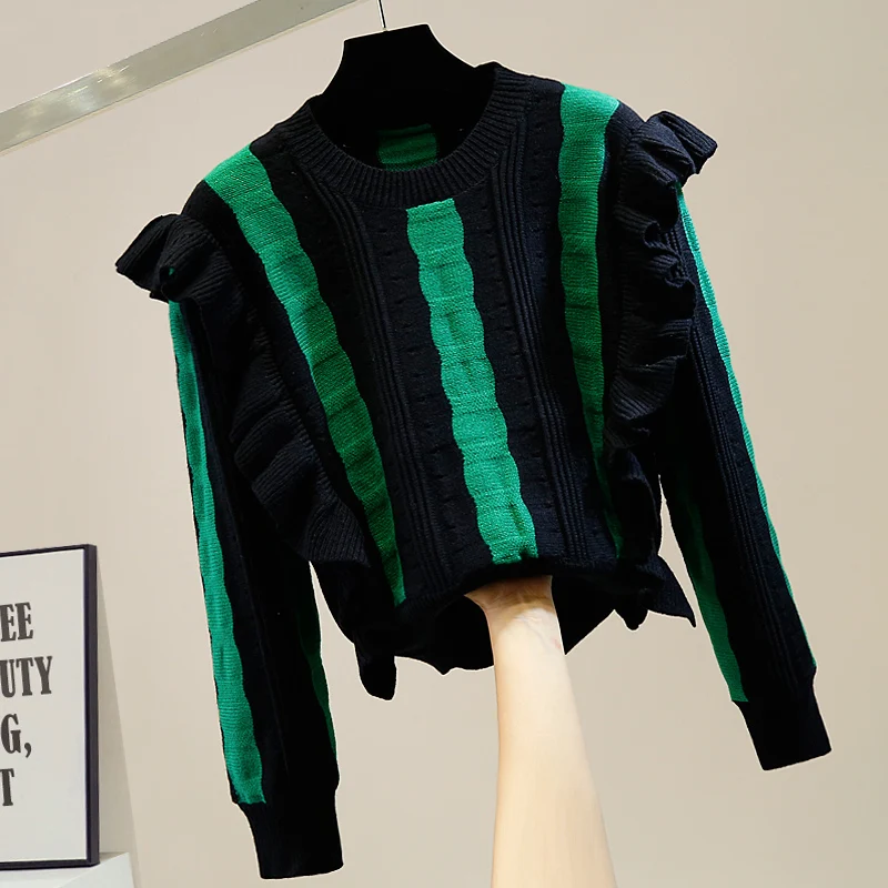 Stylish Ruffles Short Sweater Crop Tops Women 2023 AutumnNew Arrival Long Sleeve O-neck Chic Vintage Streetwear Jumper Knitwear