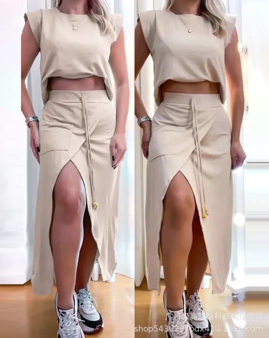 Women's New Summer Set Solid Color Minimalist Short Tank Top Off The Shoulder and High Split Half Skirt Drawstring Waist Wear