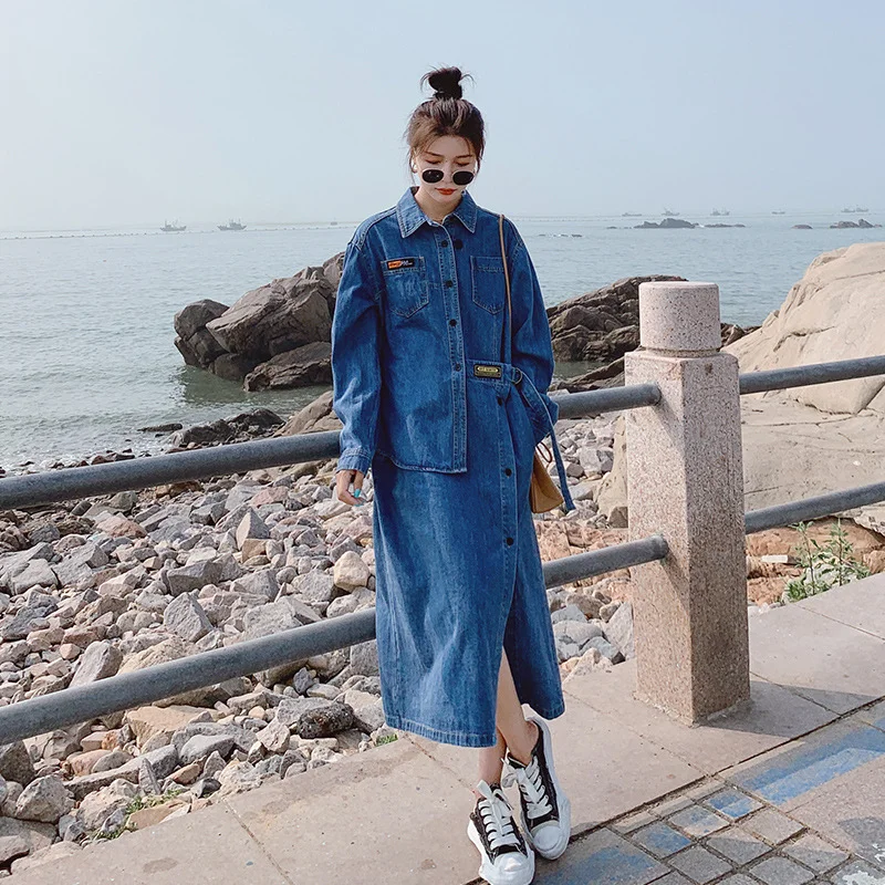 

Fake Two-piece Denim Shirts Dresses Women Spring Autumn Fashion Retro Chic Blue Office Lady Design Sense Tea Break Shirt Skirts